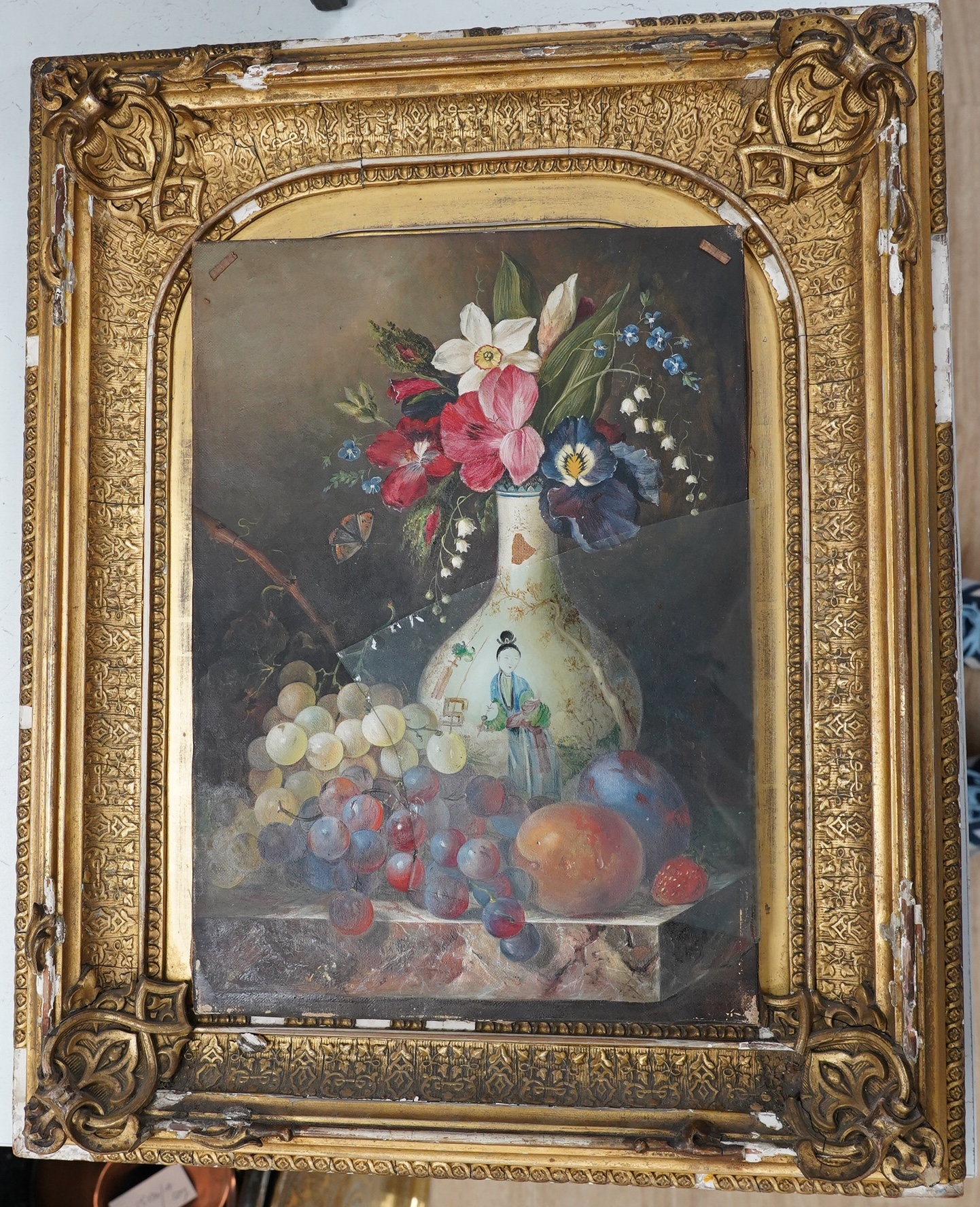 Thomas Whittle (fl.1854-1879), oil on canvas, Still life of flowers and a Chinese vase, signed and dated 1859, with Bonham's catalogue and receipt, 34 x 24cm, ornate gilt framed Condition - fair, glass lacking